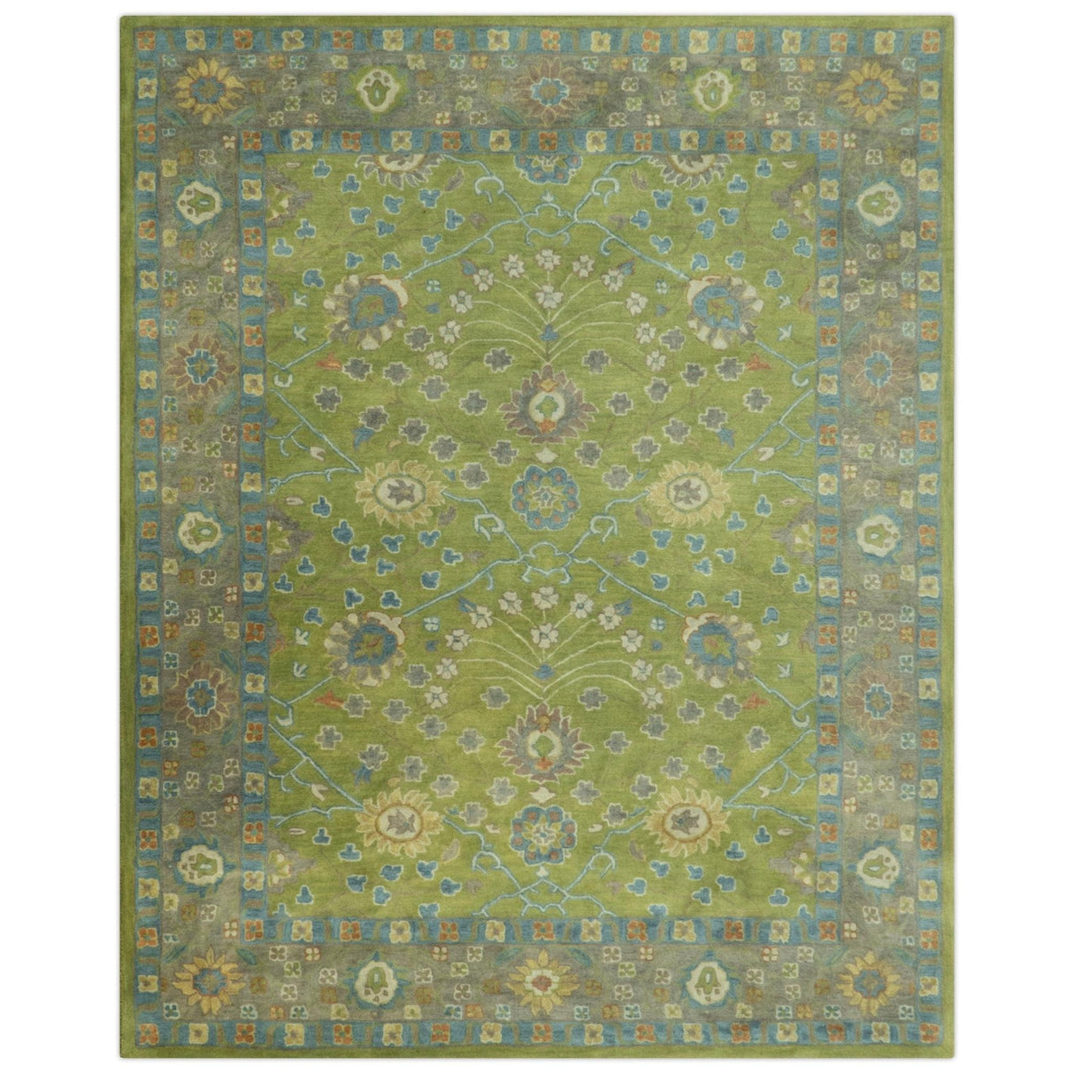 Custom Made Traditional Floral Design Green And Blue Hand Tufted wool Area Rug