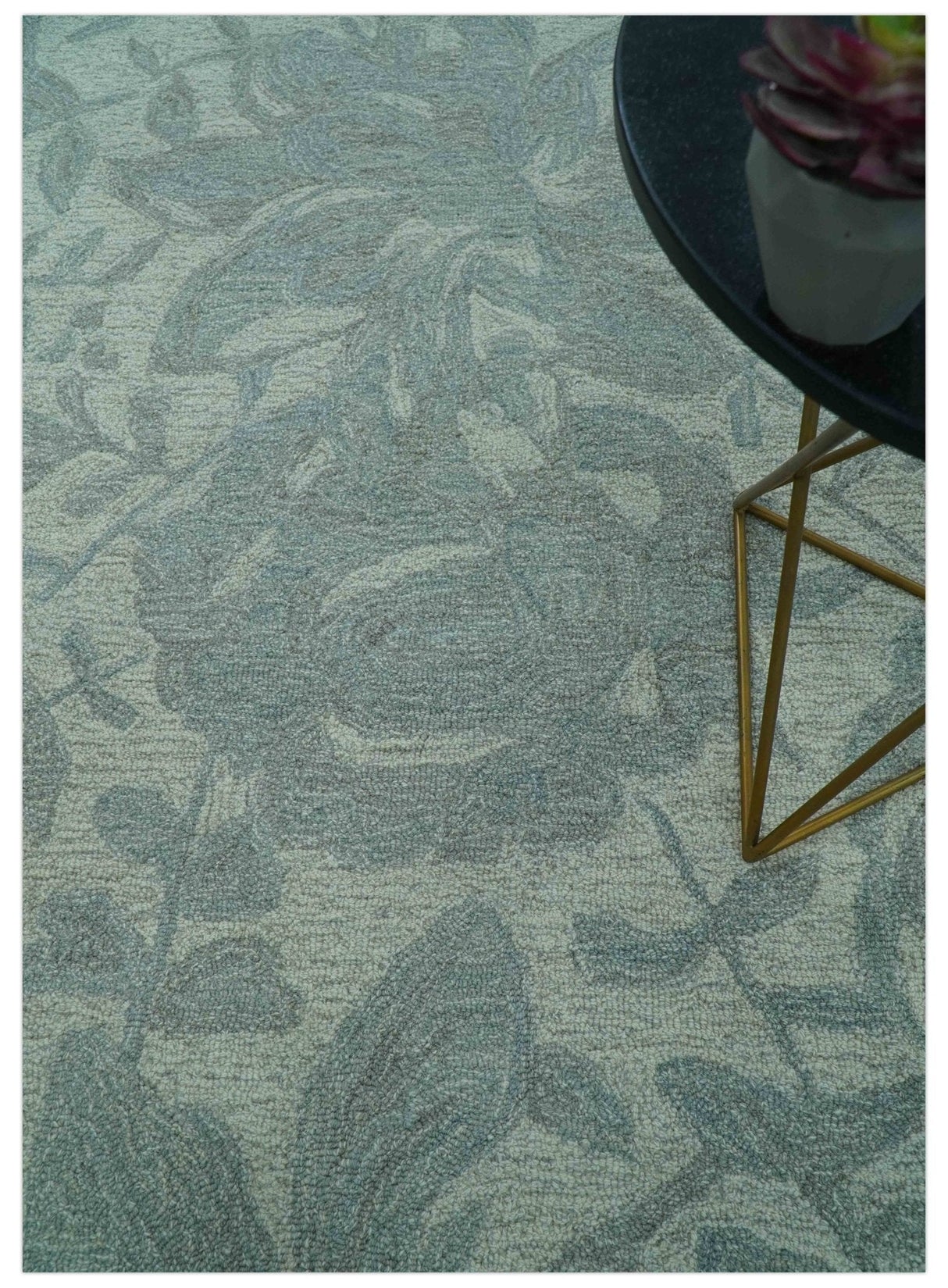 Custom Made Traditional Floral Design Silver And Blue Hand Tufted Wool Area Rug