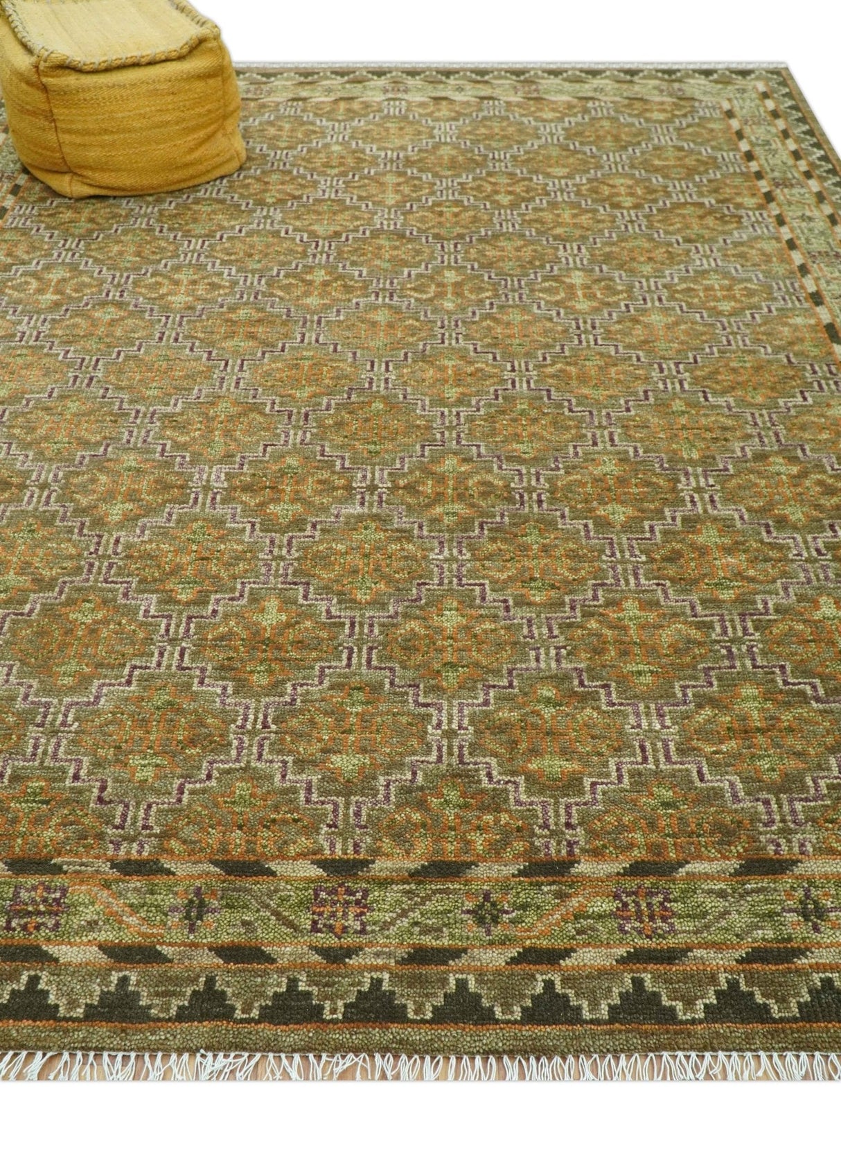 Custom Made Traditional Geometrical Motifs Olive and Rust Hand Knotted wool area rug