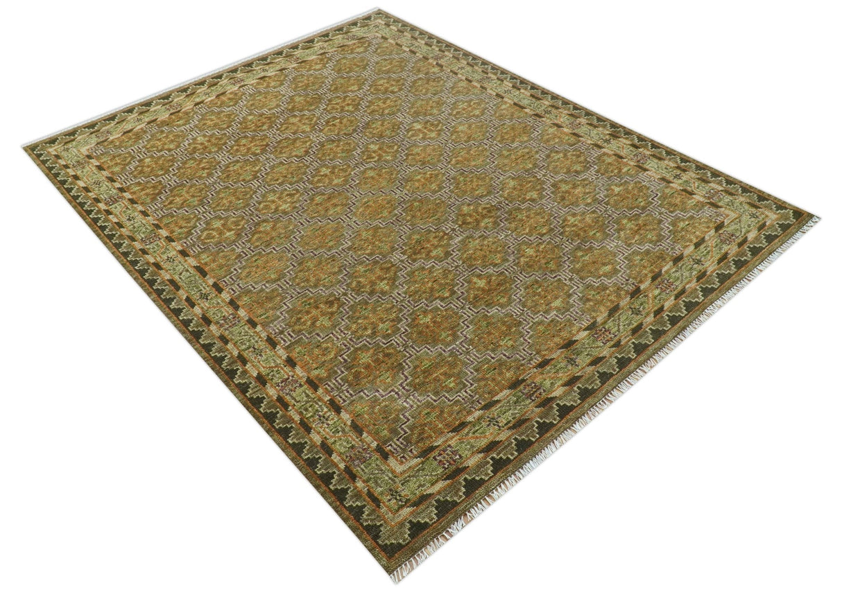 Custom Made Traditional Geometrical Motifs Olive and Rust Hand Knotted wool area rug