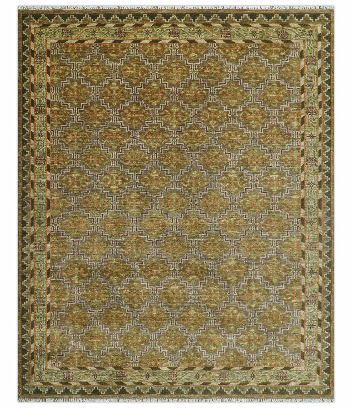 Custom Made Traditional Geometrical Motifs Olive and Rust Hand Knotted wool area rug