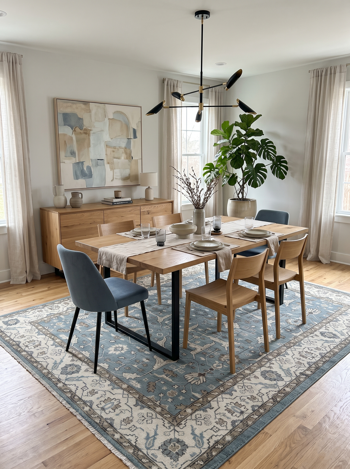 Custom Made Traditional Hand Knotted Blue, Ivory and Brown Oriental Oushak wool Area Rug