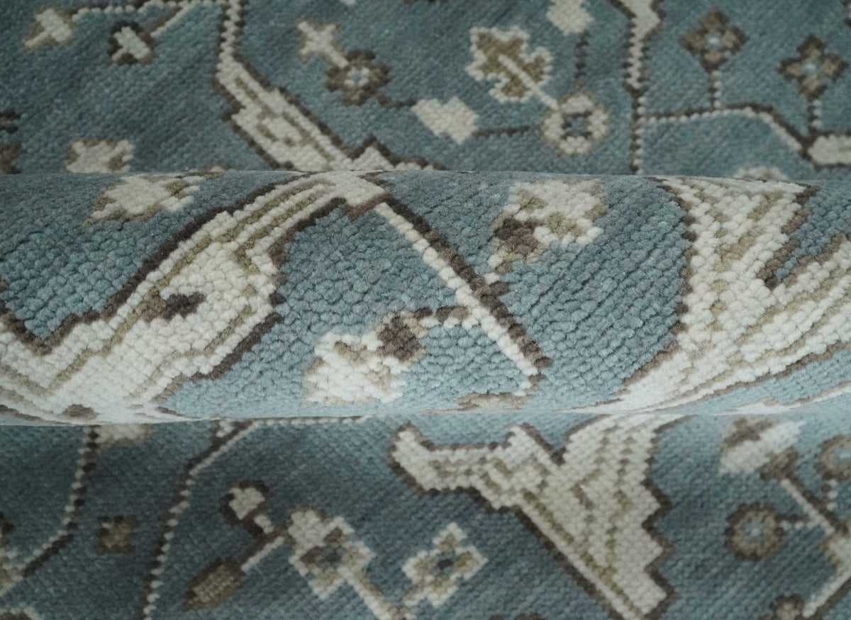 Custom Made Traditional Hand Knotted Blue, Ivory and Brown Oriental Oushak wool Area Rug