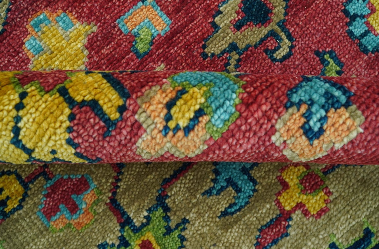 Custom Made Traditional Heriz Design Maroon And Olive Hand Knotted Wool Rug