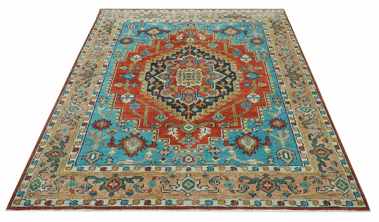 Custom Made Traditional Heriz Design Rust And Blue Hand Knotted Wool Rug