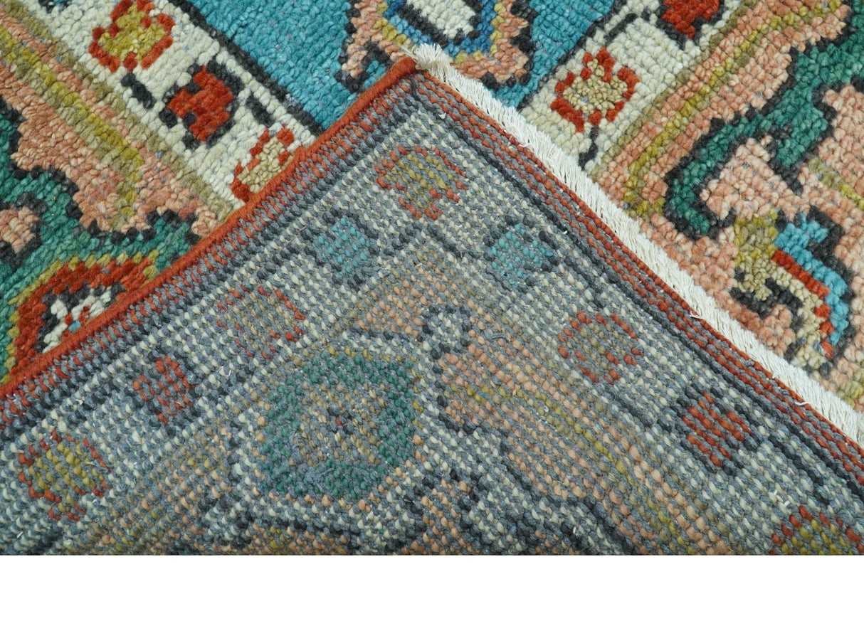 Custom Made Traditional Heriz Design Rust And Blue Hand Knotted Wool Rug