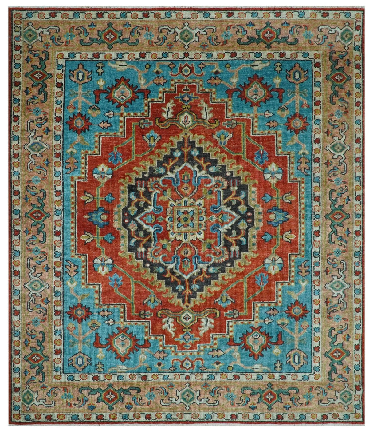 Custom Made Traditional Heriz Design Rust And Blue Hand Knotted Wool Rug