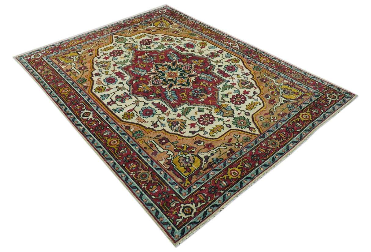Custom Made Traditional Heriz Design Rust And Ivory Hand Knotted Wool Rug