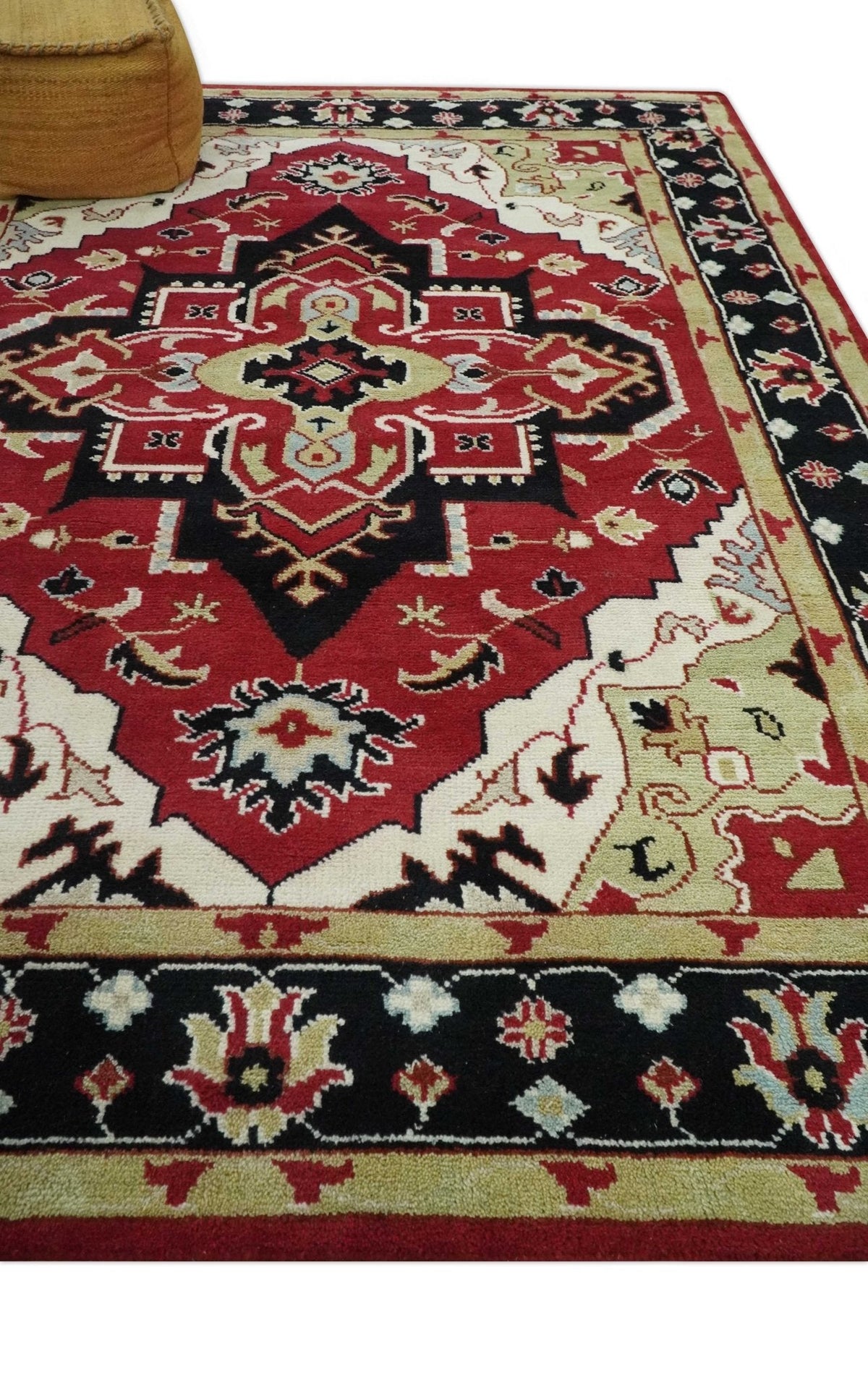 Custom Made Traditional Heriz Maroon, Olive and Black Floral Hand Knotted wool Rug