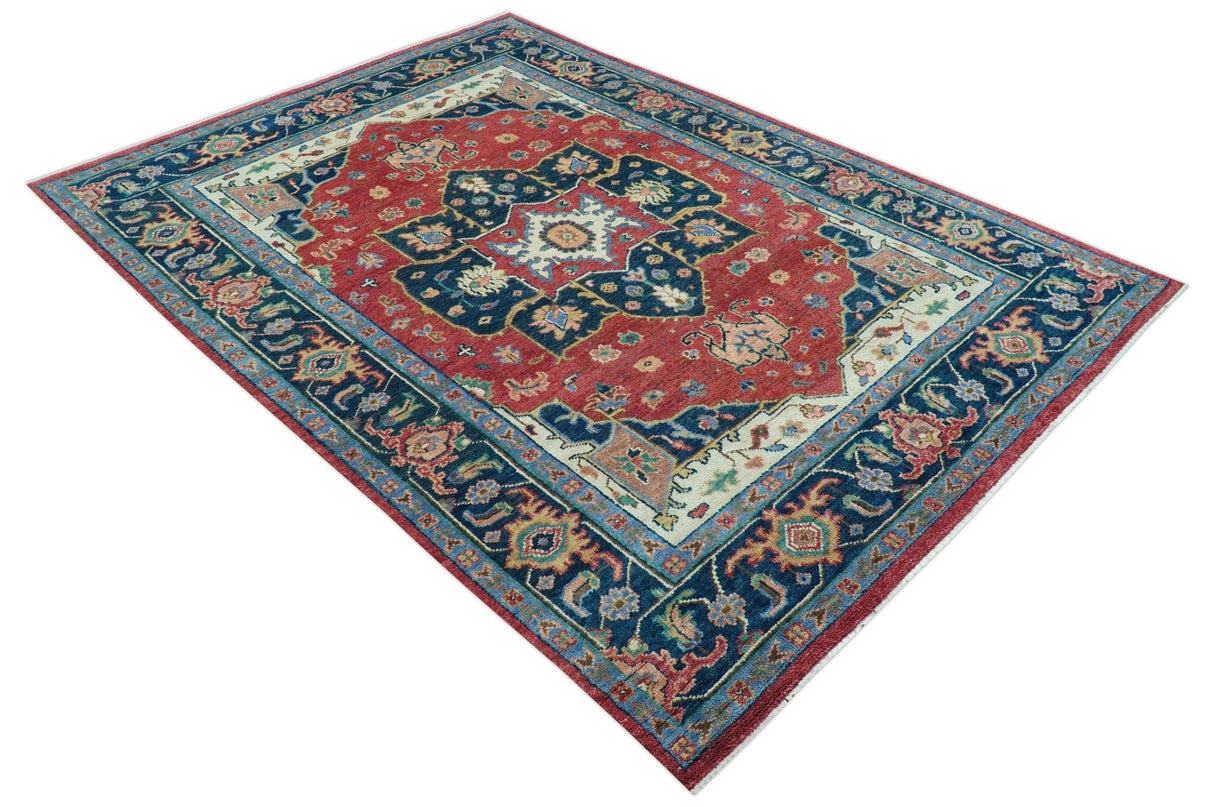 Custom Made Traditional Heriz Red And Blue Hand Knotted Wool Rug