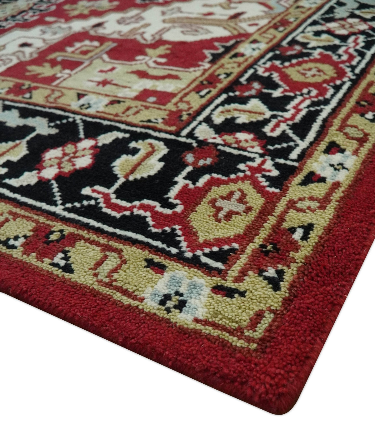Custom Made Traditional Heriz Rust, Ivory, Black and Beige Hand knotted Medallion Wool Area Rug