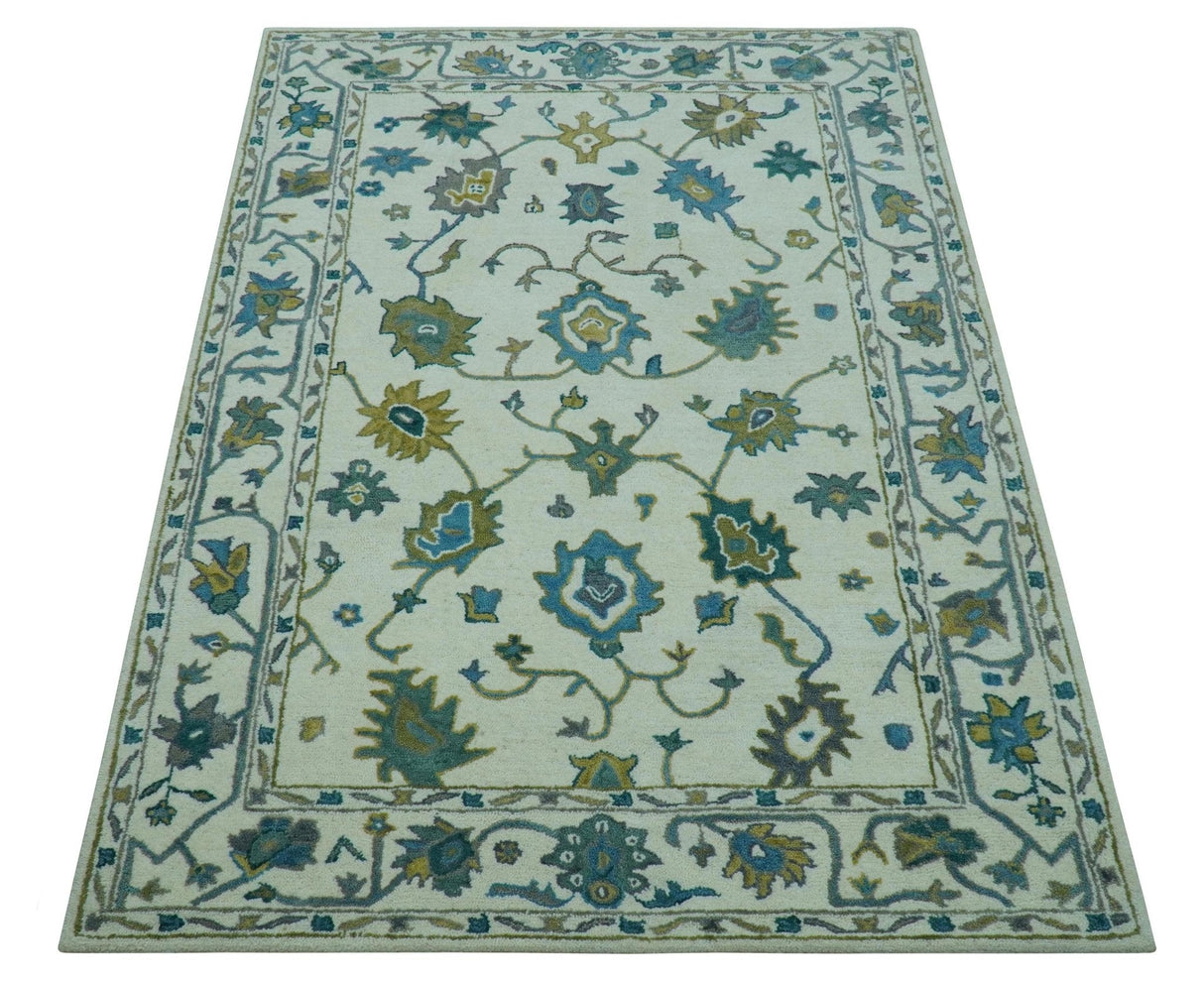 Custom Made Traditional Ivory And Blue Oushak Hand Tufted Wool Area Rug