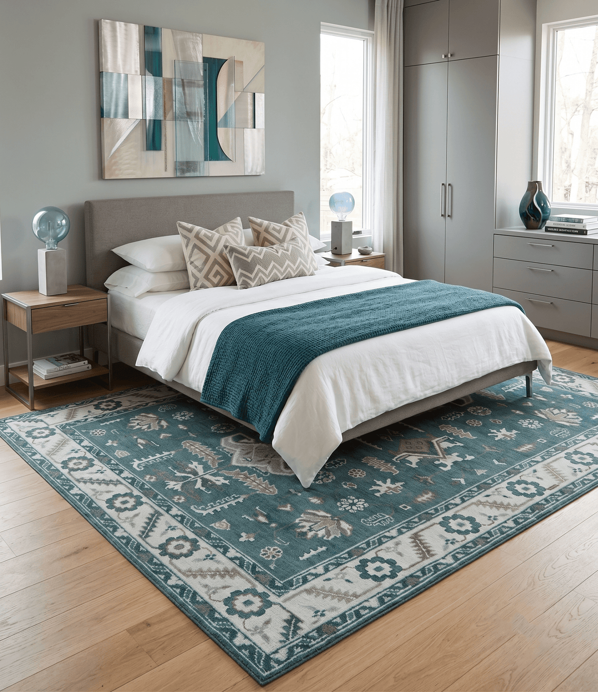 Custom Made Traditional Mamluk Design Teal, Ivory and Brown Hand Knotted wool Area Rug
