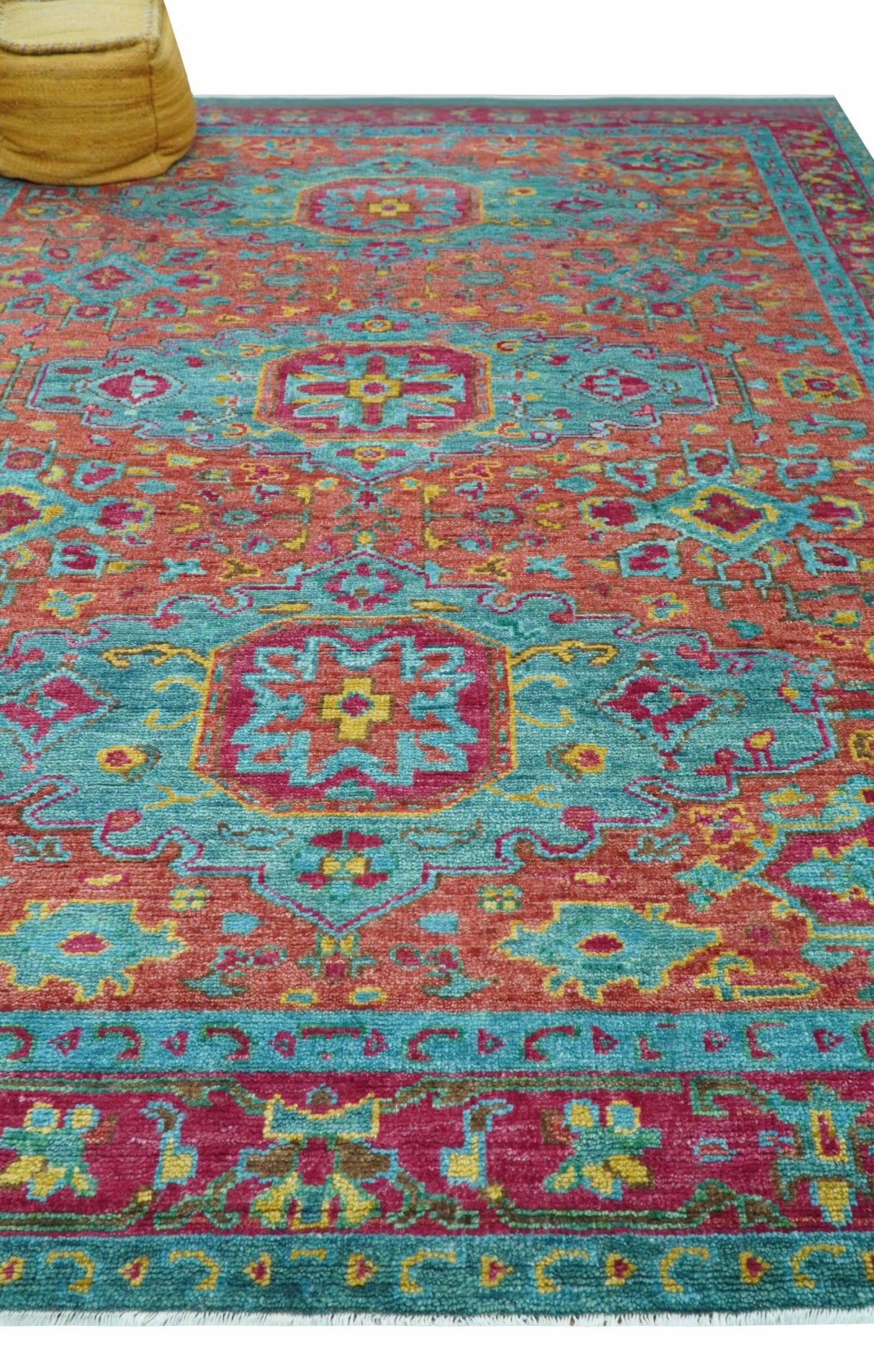 Custom Made Traditional Medallions Design Rust And Blue Hand Knotted Wool Rug