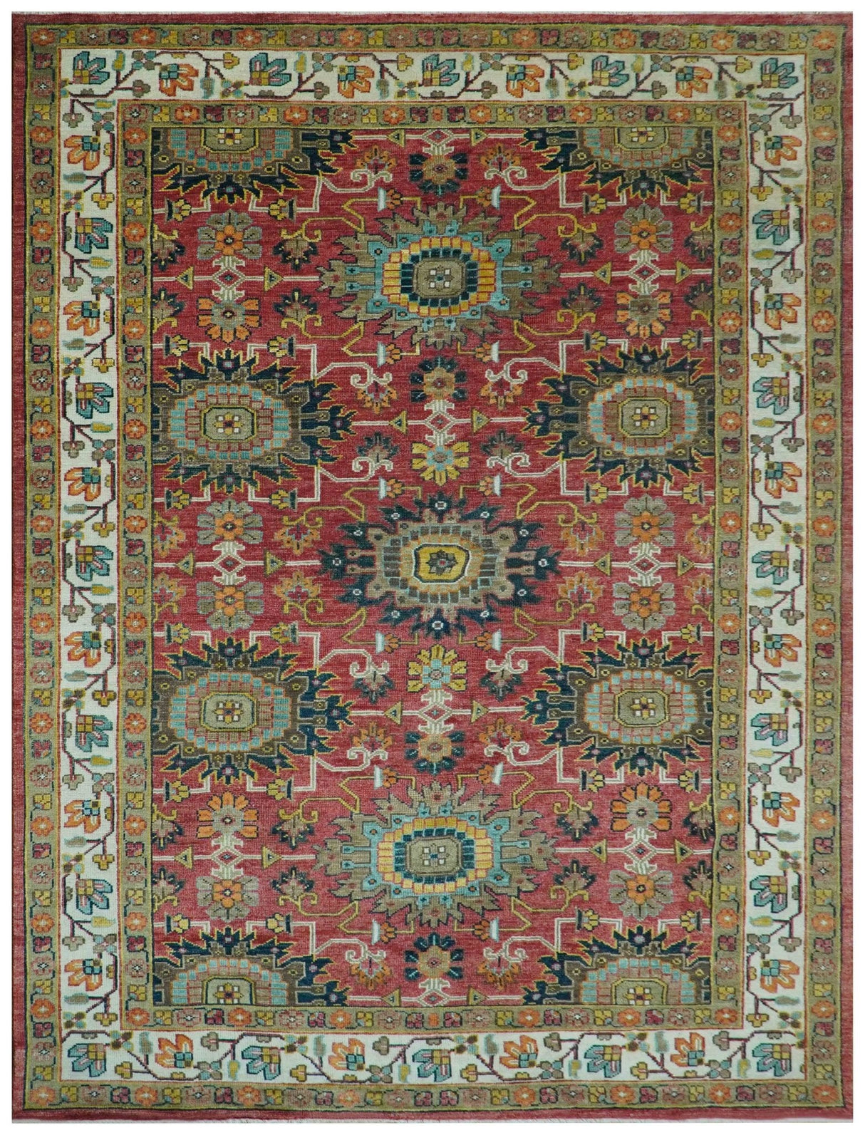 Custom Made Traditional Motifs Design Rust And Ivory Hand Knotted Wool Rug