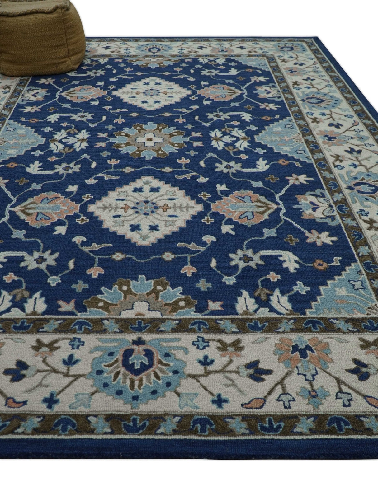 Custom Made Traditional Oriental Design Blue And Beige Hand-Tufted Wool Area Rug