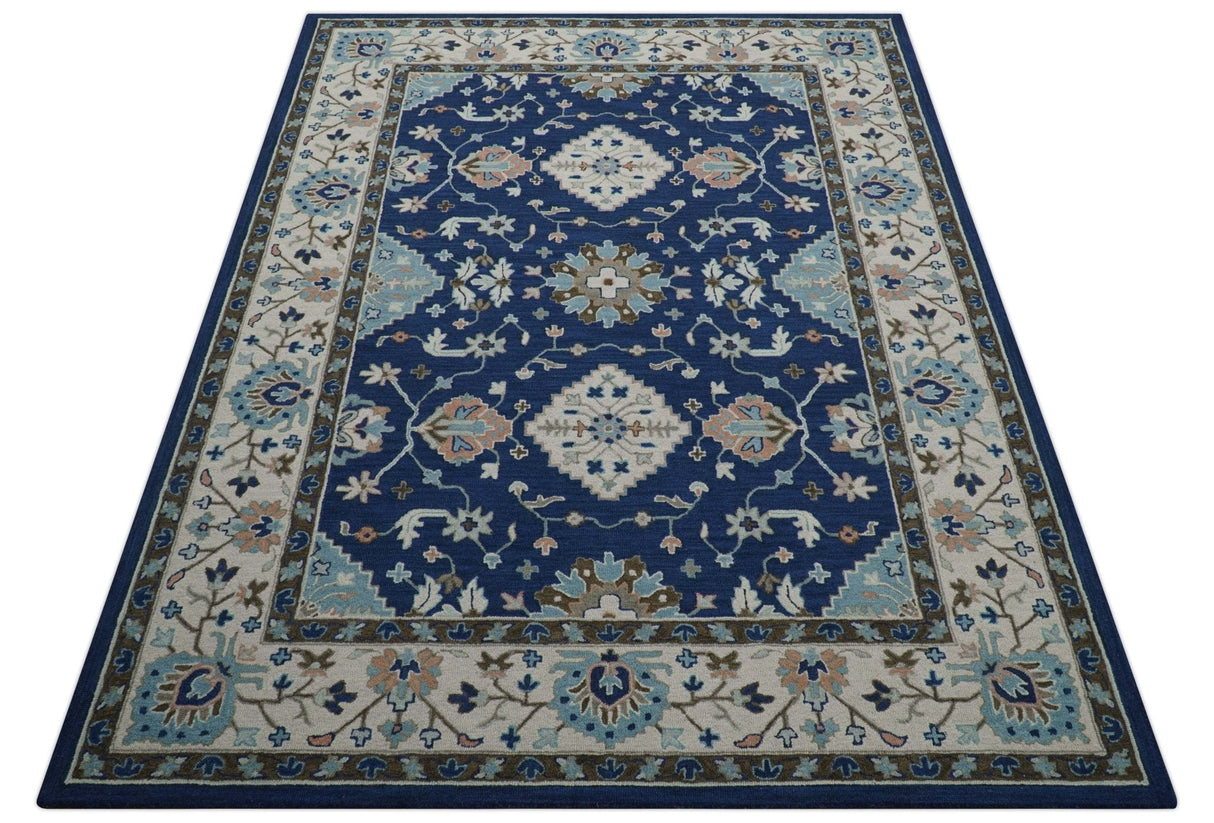 Custom Made Traditional Oriental Design Blue And Beige Hand-Tufted Wool Area Rug