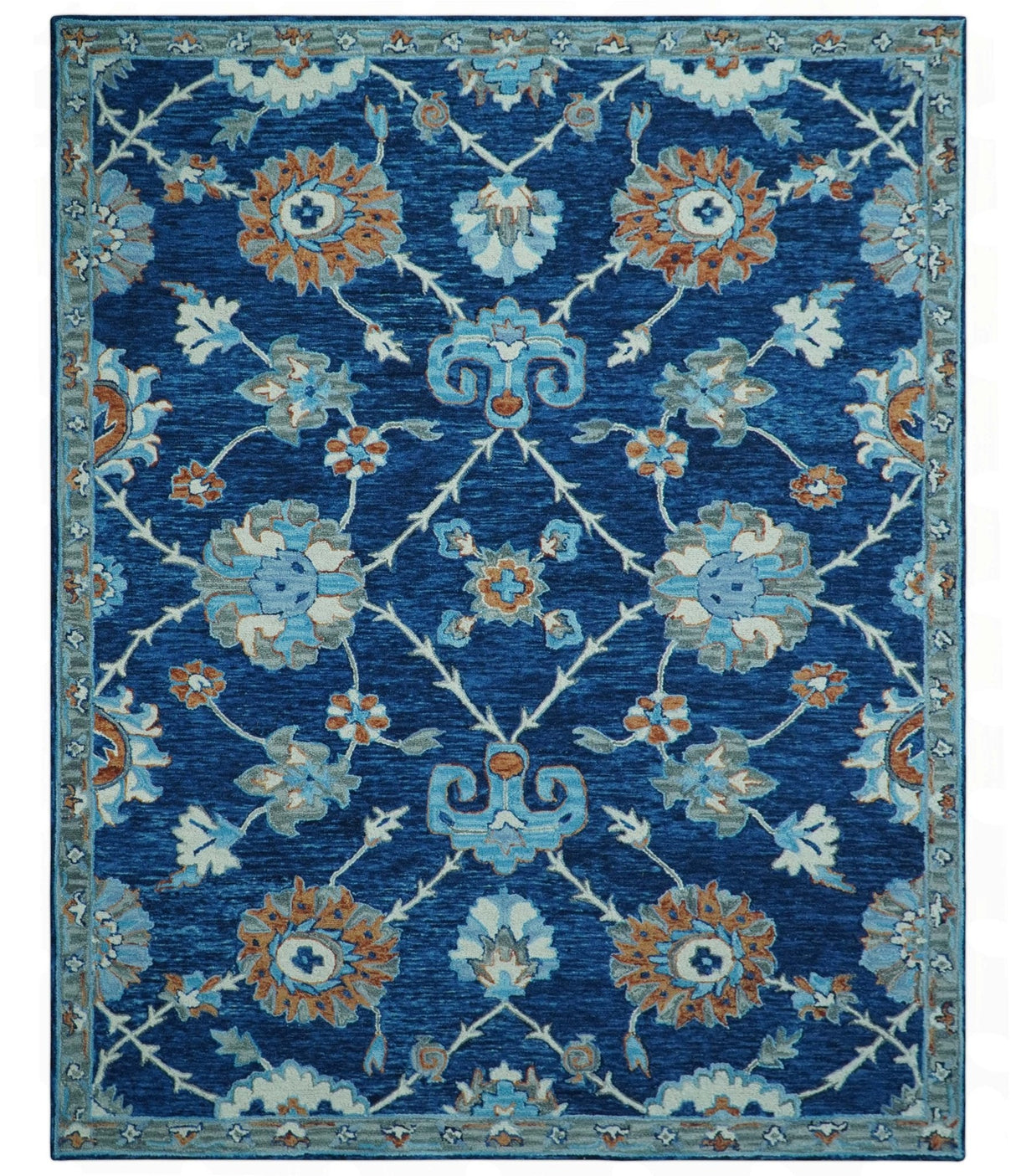 Custom Made Traditional Oriental Design Blue And Beige Hand-Tufted Wool Area Rug