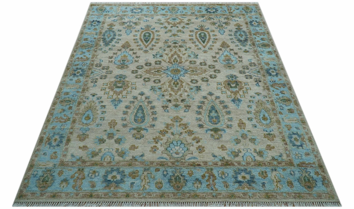 Custom Made Traditional Oriental Design Ivory And Blue Hand knotted Wool Area Rug