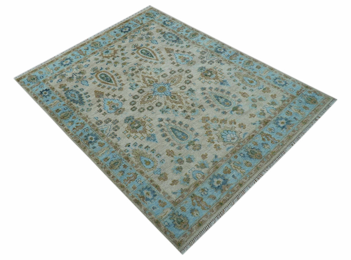 Custom Made Traditional Oriental Design Ivory And Blue Hand knotted Wool Area Rug