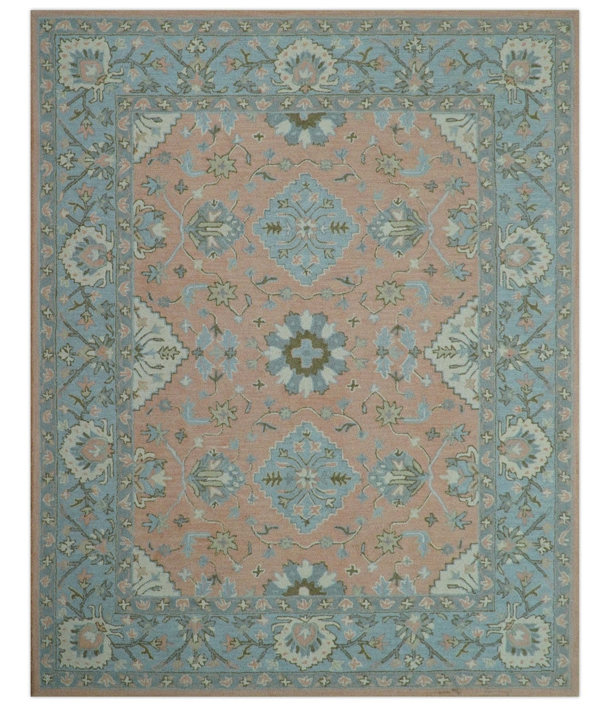 Custom Made Traditional Oriental Design Pink And Blue Hand Tufted Wool Area Rug