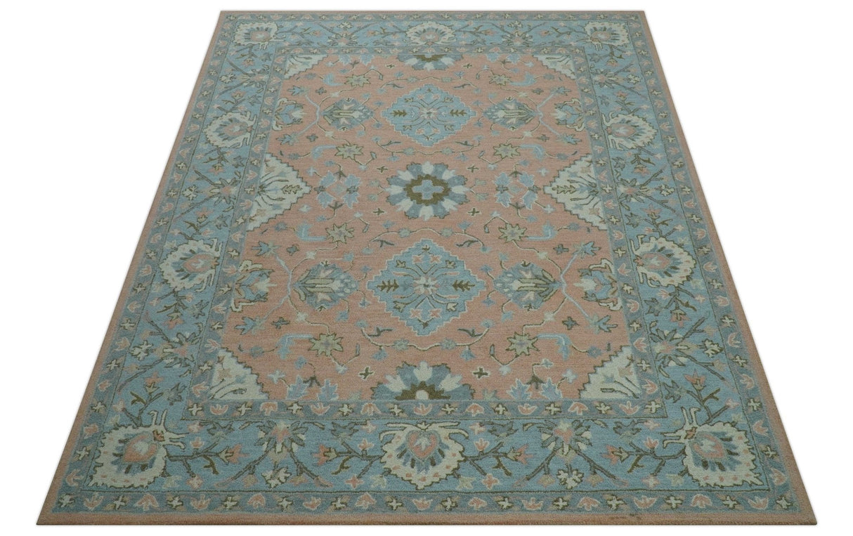 Custom Made Traditional Oriental Design Pink And Blue Hand Tufted Wool Area Rug