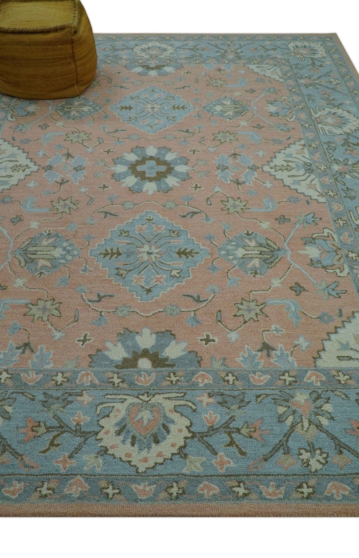 Custom Made Traditional Oriental Design Pink And Blue Hand Tufted Wool Area Rug