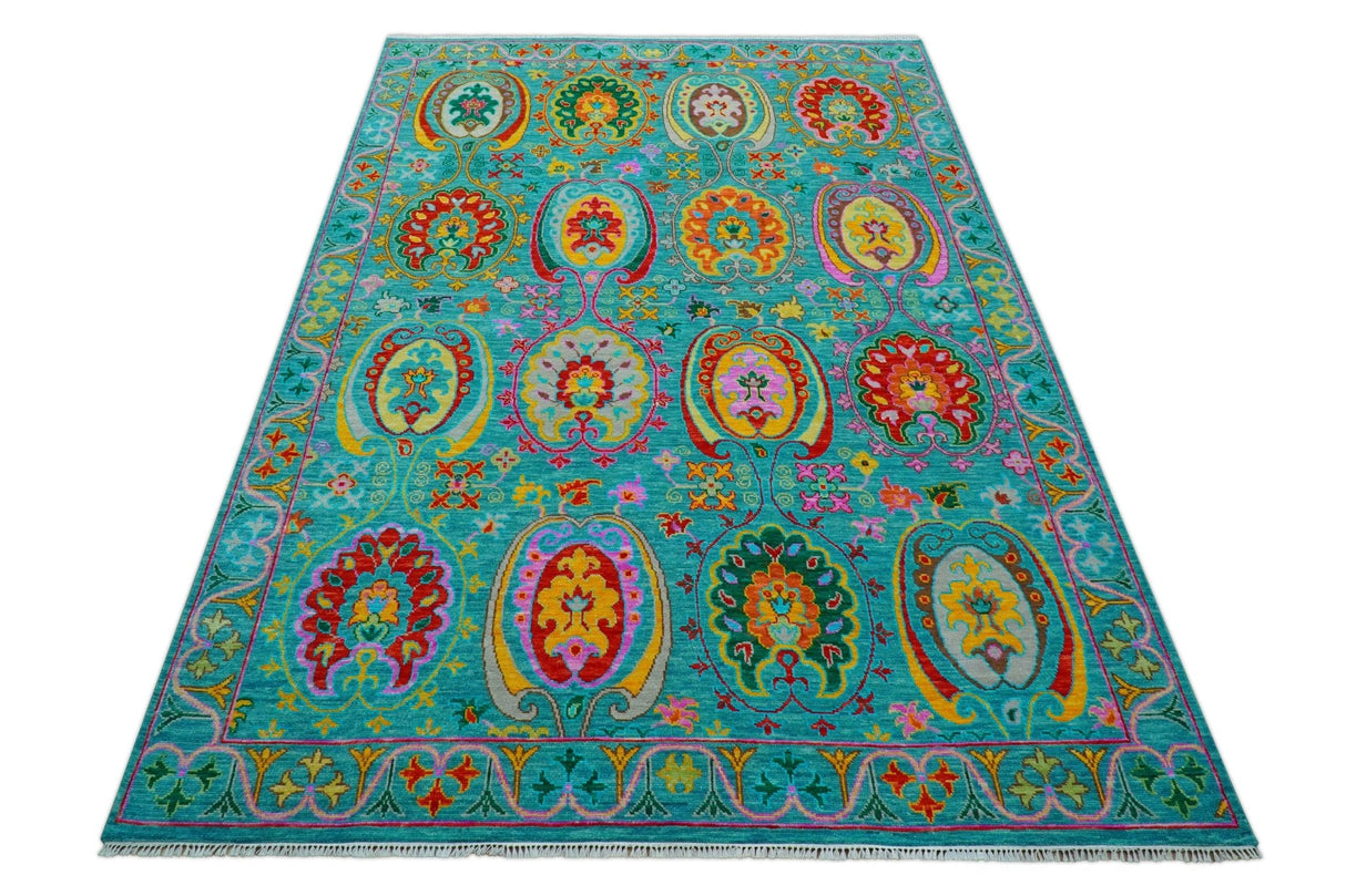Custom Made Traditional Oriental Design Teal Hand Knotted Wool Area Rug