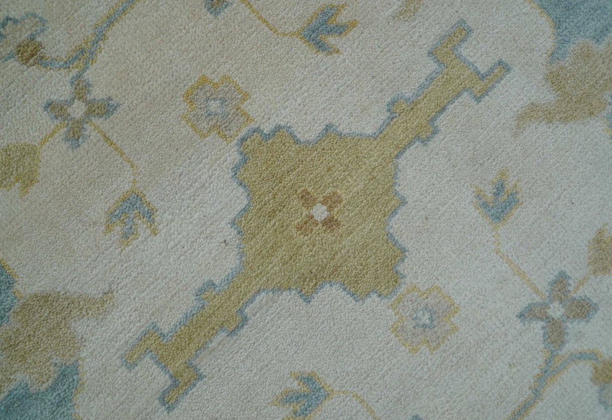 Custom Made Traditional Oushak Beige And Blue Hand Knotted Wool Rug