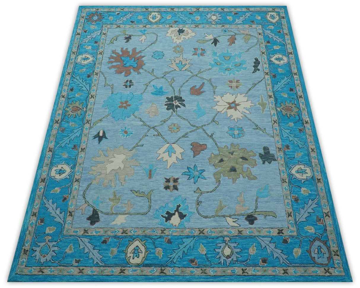 Custom Made Traditional Oushak Blue And Beige Hand Tufted Wool Area Rug