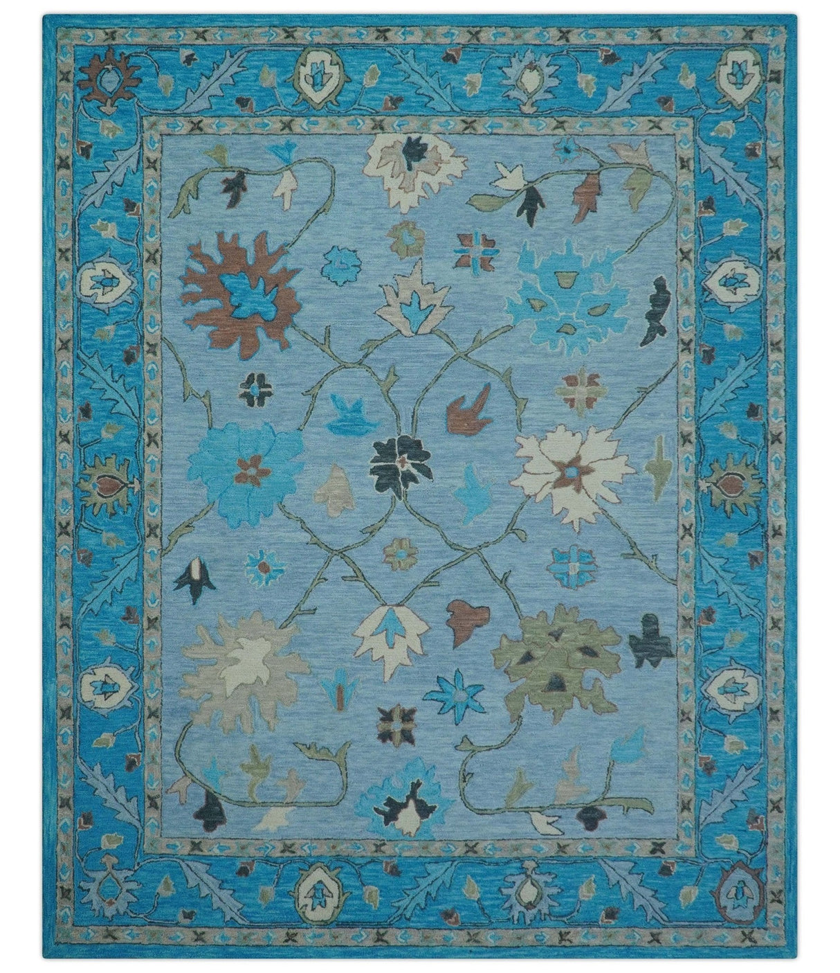 Custom Made Traditional Oushak Blue And Beige Hand Tufted Wool Area Rug