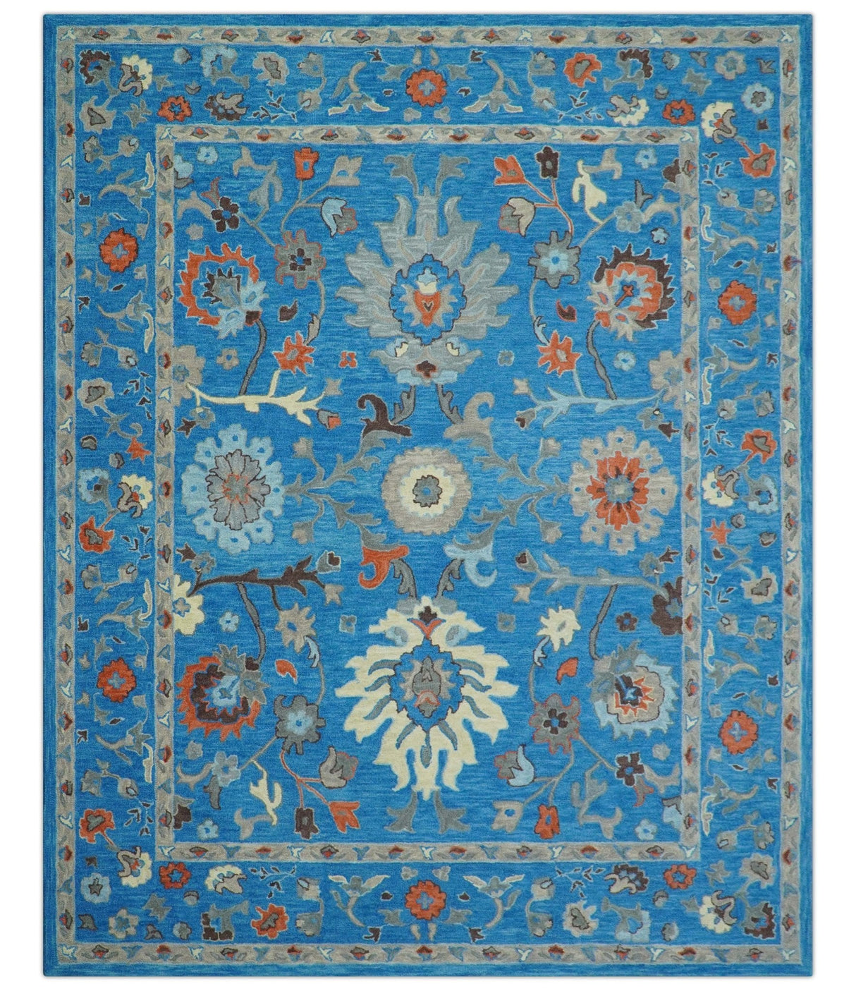 Custom Made Traditional Oushak Blue And Beige Hand Tufted Wool Rug