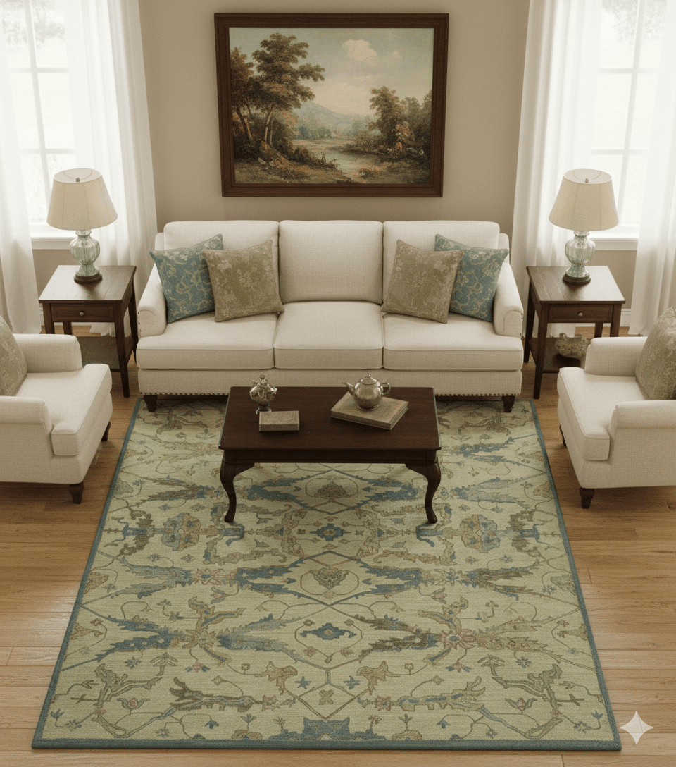 Custom Made Traditional Oushak Design Beige And Blue Hand Tufted Wool Area Rug