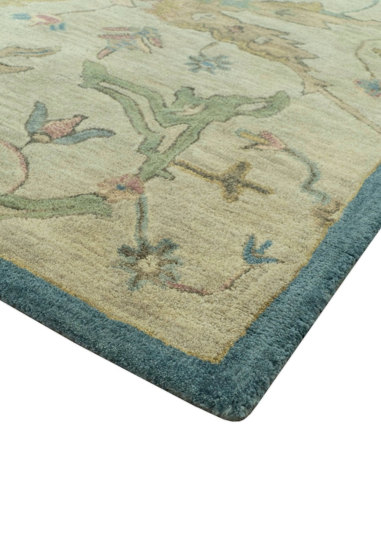 Custom Made Traditional Oushak Design Beige And Blue Hand Tufted Wool Area Rug