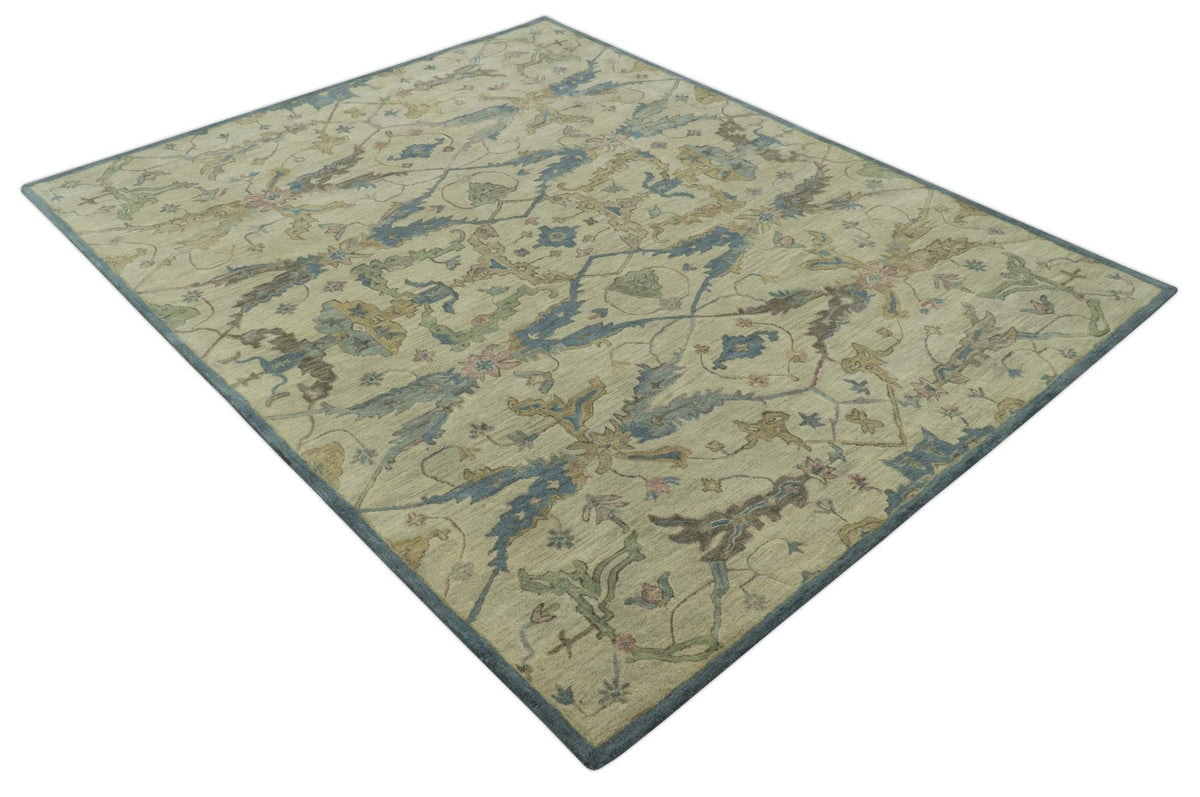 Custom Made Traditional Oushak Design Beige And Blue Hand Tufted Wool Area Rug