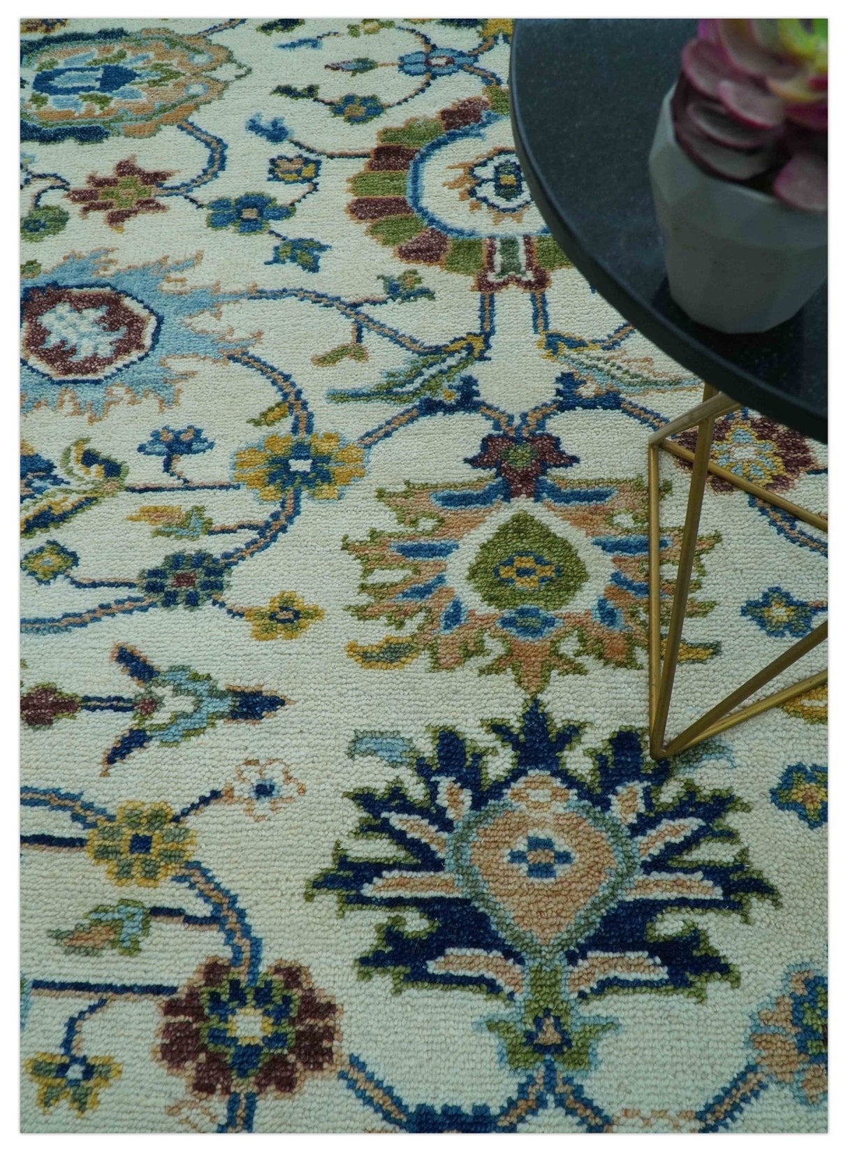 Custom Made Traditional Oushak Design Ivory And Blue Hand Knotted Wool Area Rug