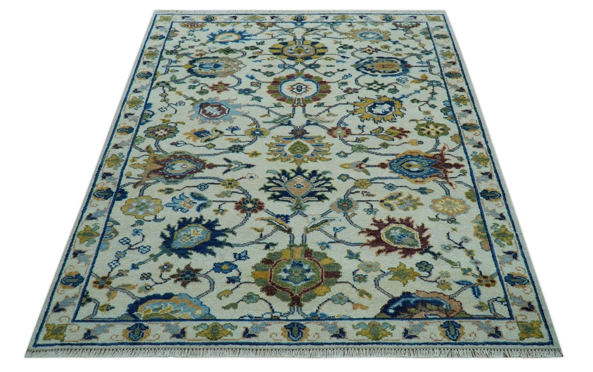 Custom Made Traditional Oushak Design Ivory And Blue Hand Knotted Wool Area Rug