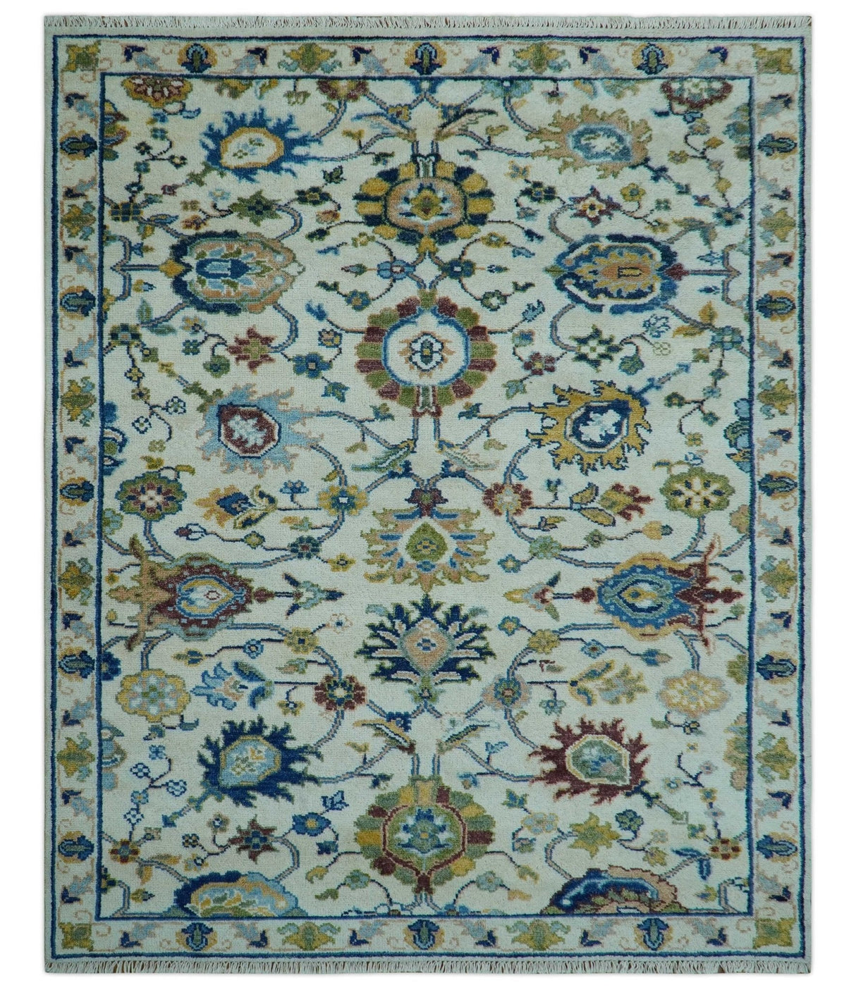 Custom Made Traditional Oushak Design Ivory And Blue Hand Knotted Wool Area Rug