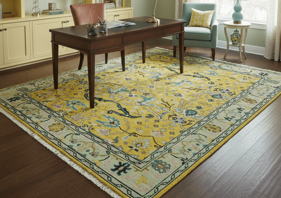 Custom Made Traditional Oushak Design mustard Hand Knotted Wool Area Rug