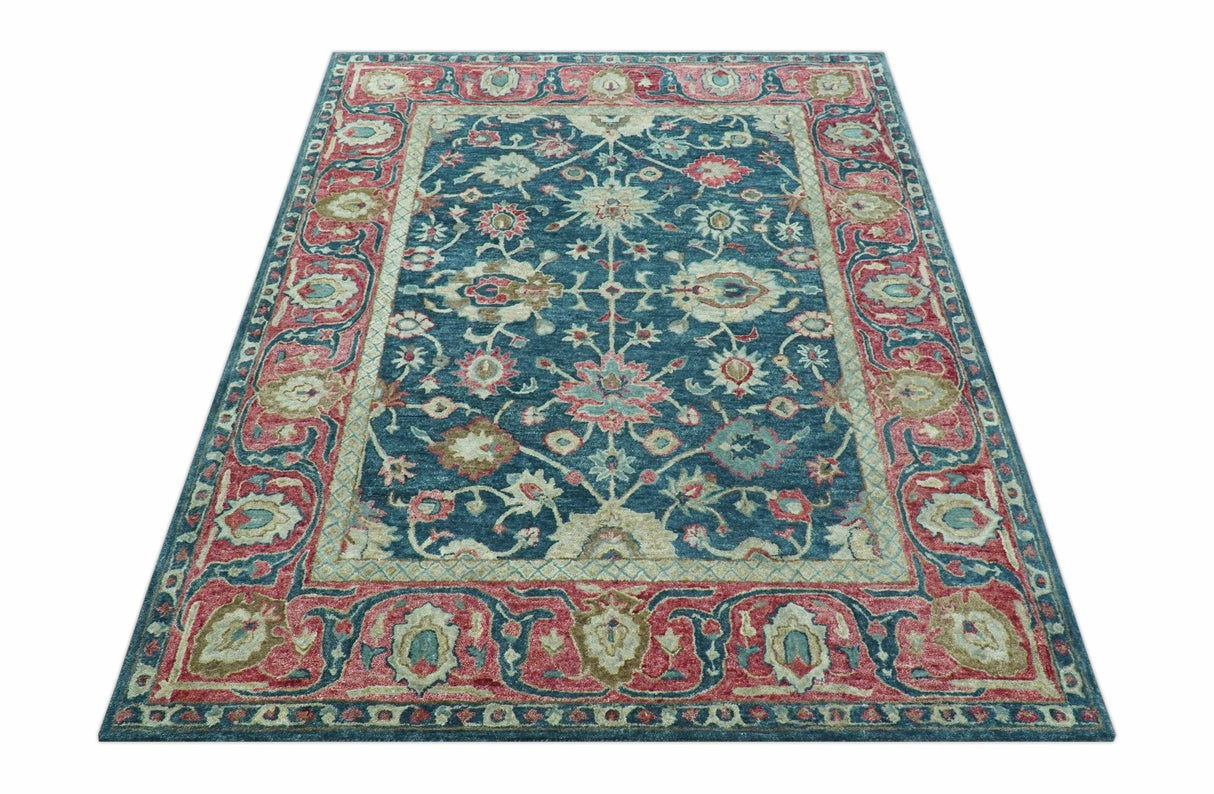 Custom Made Traditional Oushak Design Teal Hand Tufted Wool Rug