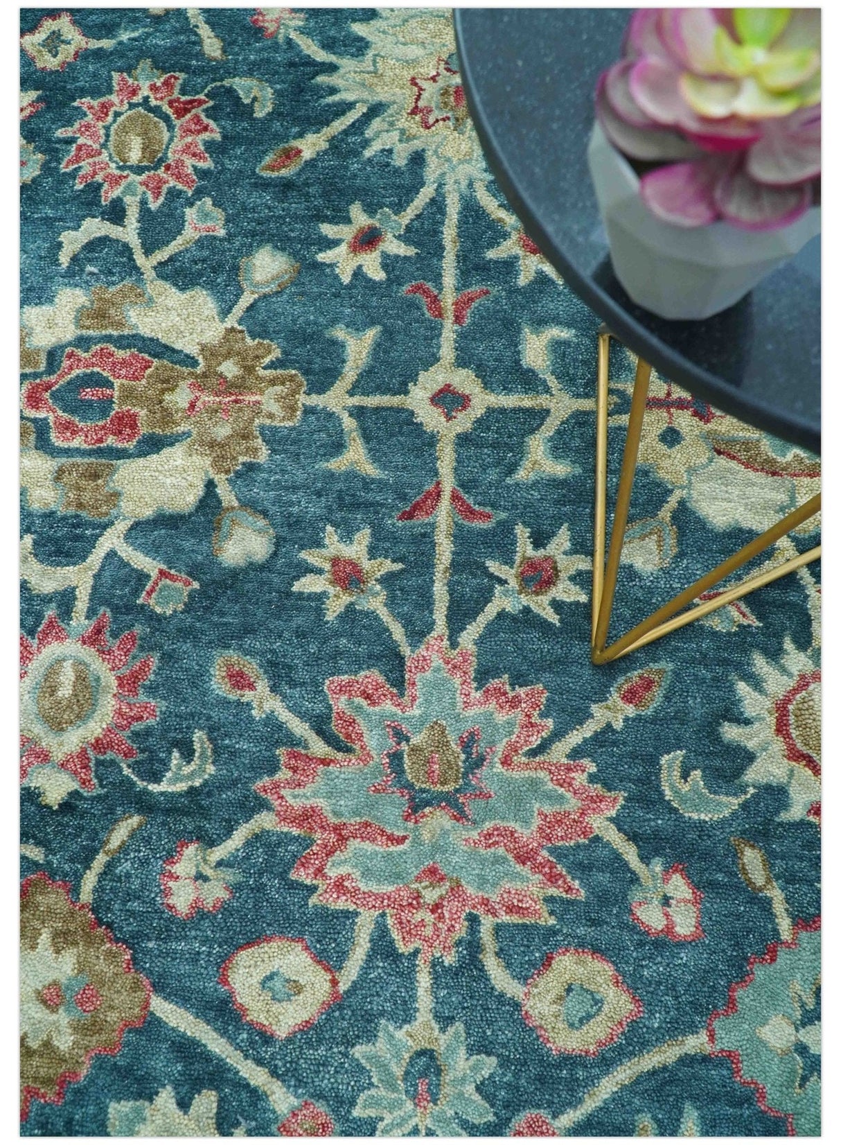 Custom Made Traditional Oushak Design Teal Hand Tufted Wool Rug
