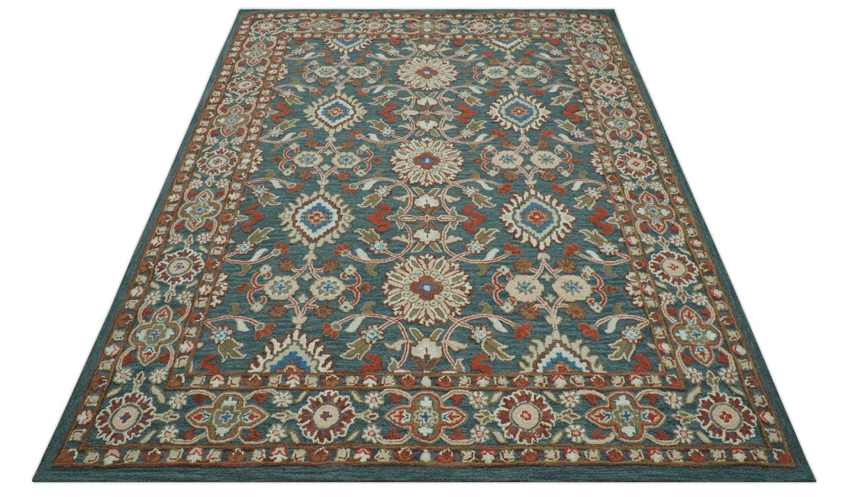 Custom Made Traditional Persian Design Silver, Blue And Rust Hand Tufted Wool Area Rug