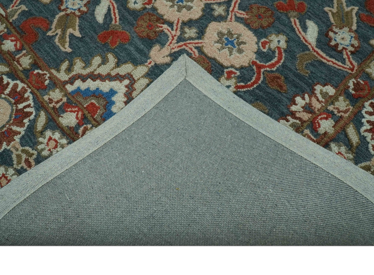 Custom Made Traditional Persian Design Silver, Blue And Rust Hand Tufted Wool Area Rug