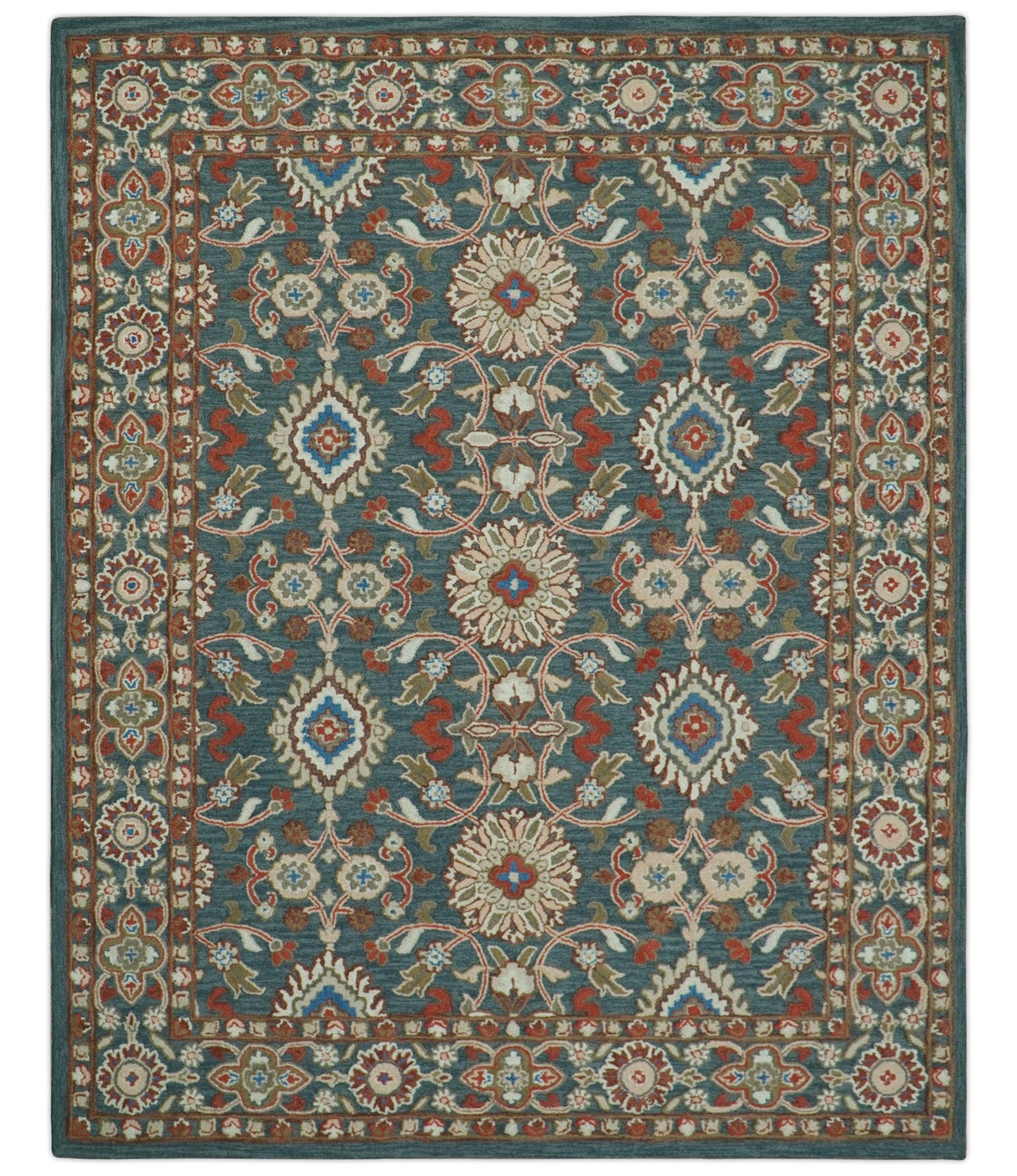 Custom Made Traditional Persian Design Silver, Blue And Rust Hand Tufted Wool Area Rug