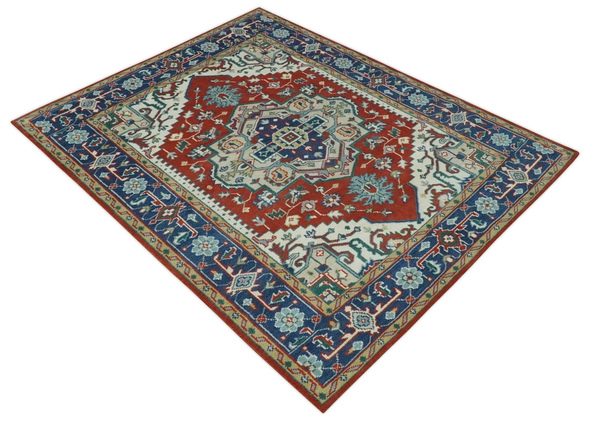 Custom Made Traditional Rust, Ivory and Blue Heriz Medallion Wool Area Rug