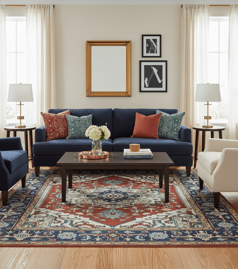 Custom Made Traditional Rust, Ivory and Blue Heriz Medallion Wool Area Rug