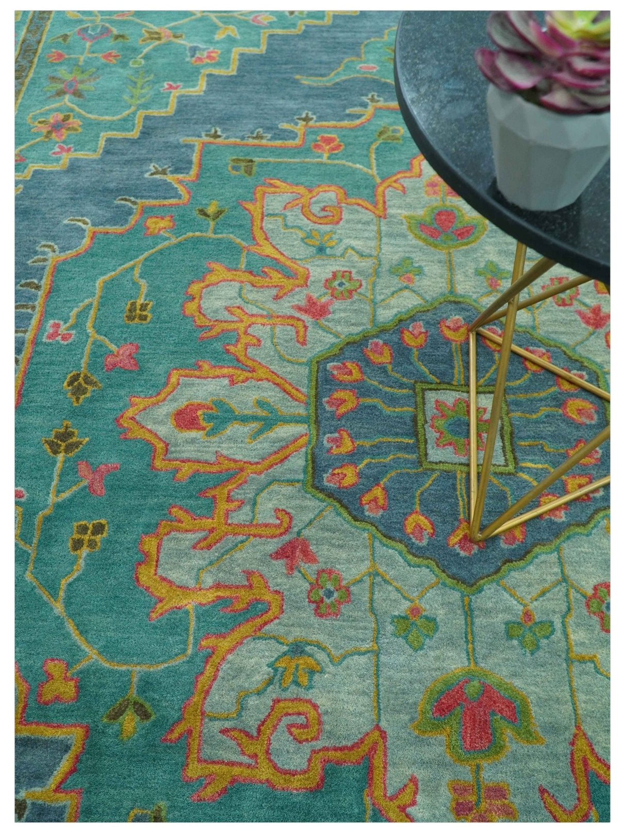 Custom Made Traditional Serapi Design Blue And Yellow Hand Tufted Wool Rug