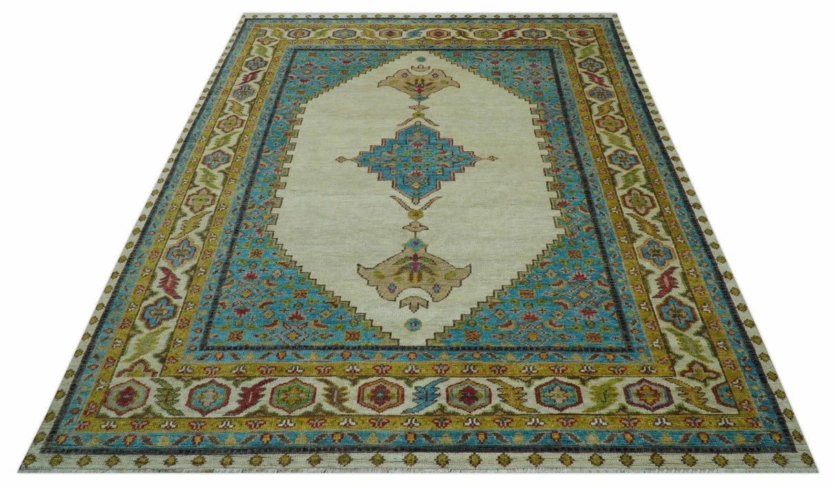 Custom Made Traditional Serapi Design Ivory And Blue Hand Knotted Wool Rug