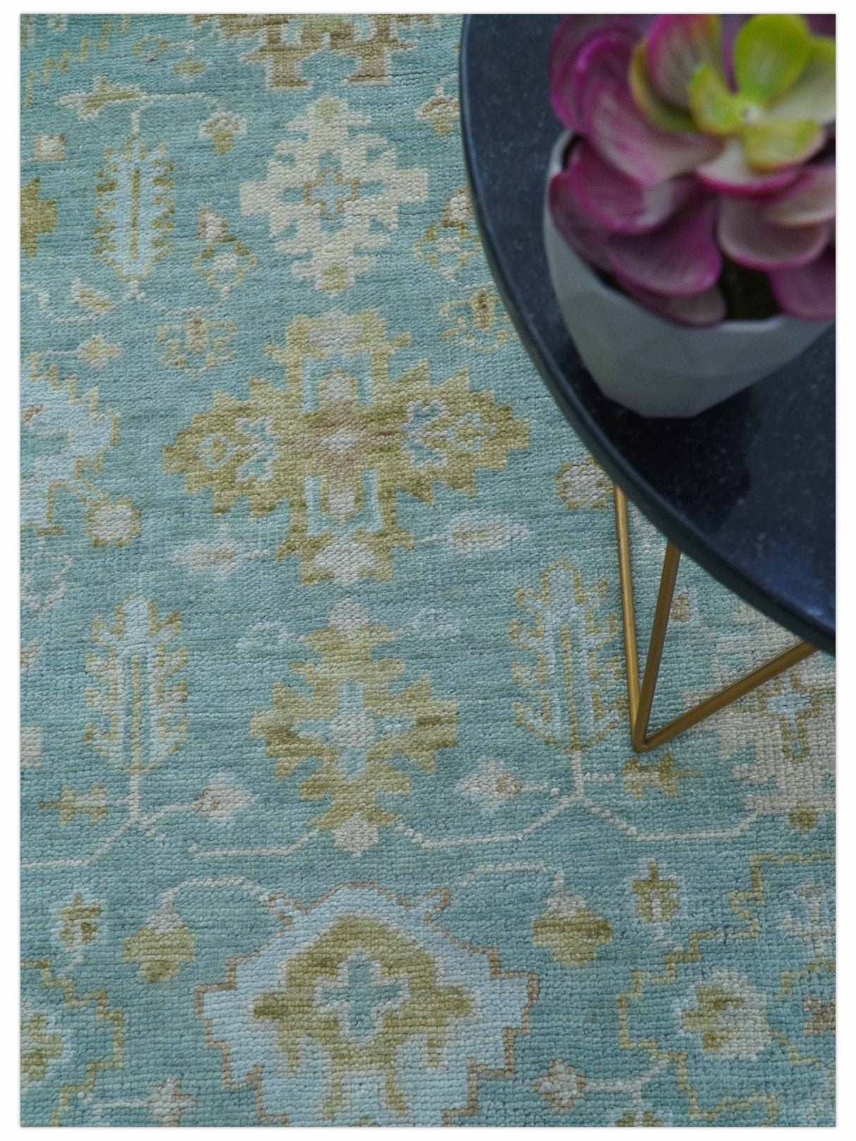 Custom Made Traditional Turkish Blue And Green Hand Knotted Wool Rug