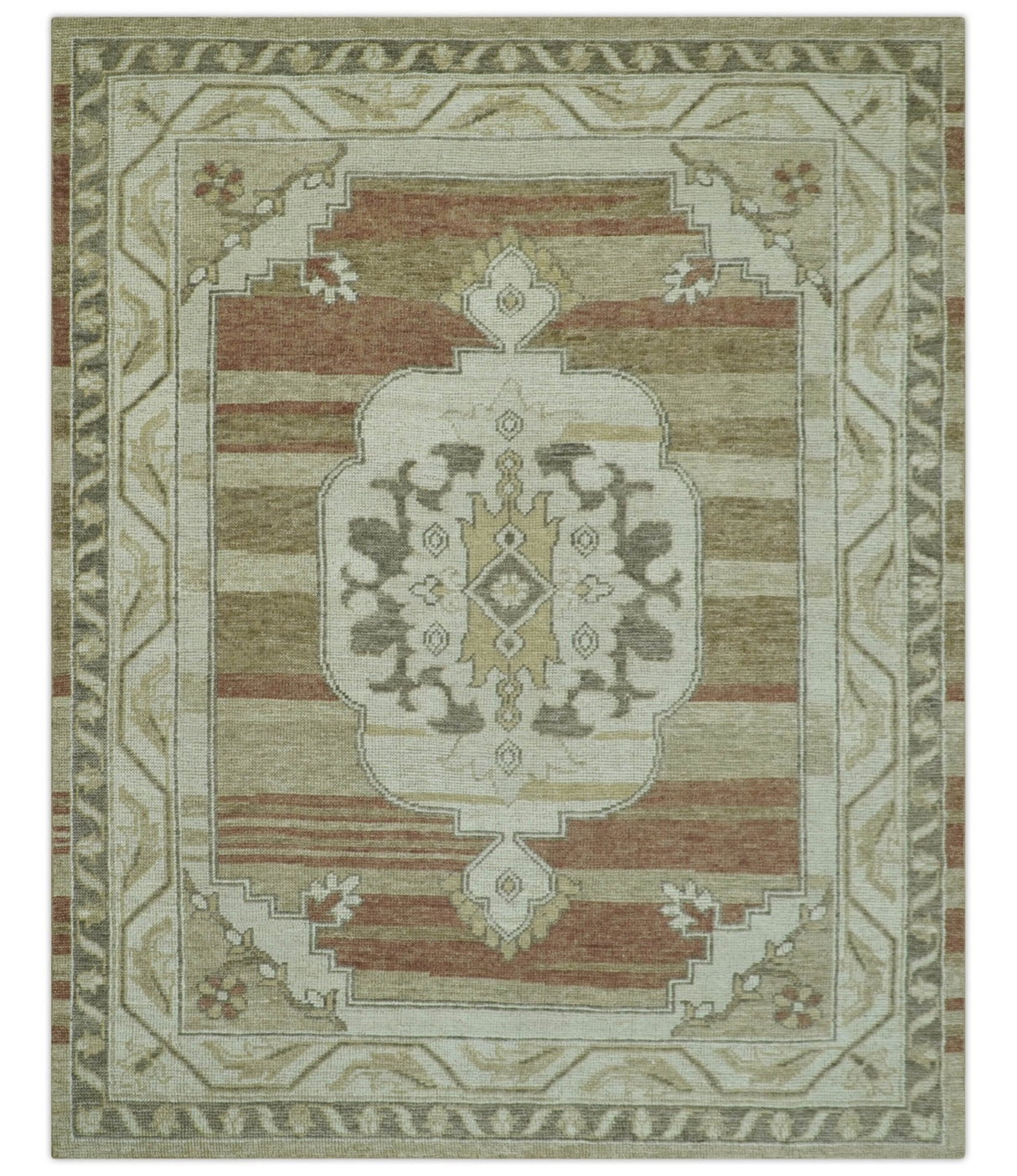 Custom Made Traditional Turkish Design Beige And Rust Hand knotted Wool Area Rug